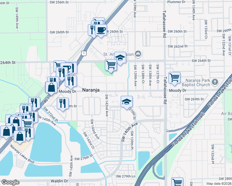 map of restaurants, bars, coffee shops, grocery stores, and more near 14002 Southwest 268th Street in Homestead