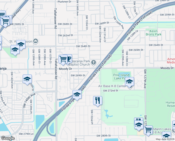 map of restaurants, bars, coffee shops, grocery stores, and more near 13351 Southwest 268th Terrace in Homestead