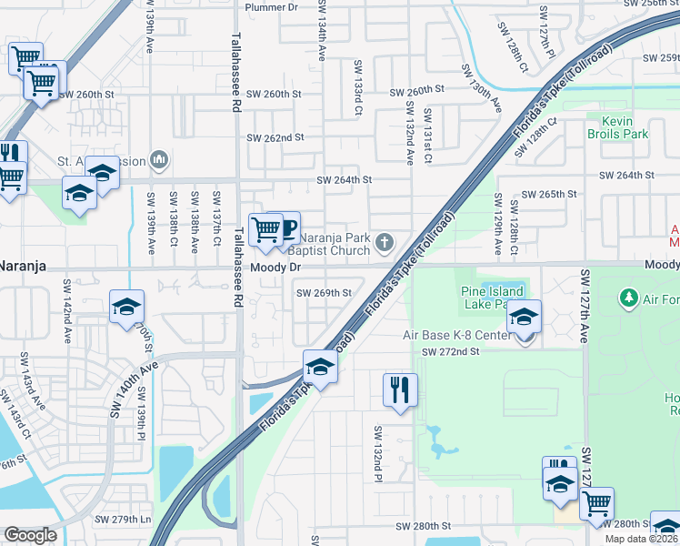map of restaurants, bars, coffee shops, grocery stores, and more near 13351 Southwest 268th Terrace in Homestead