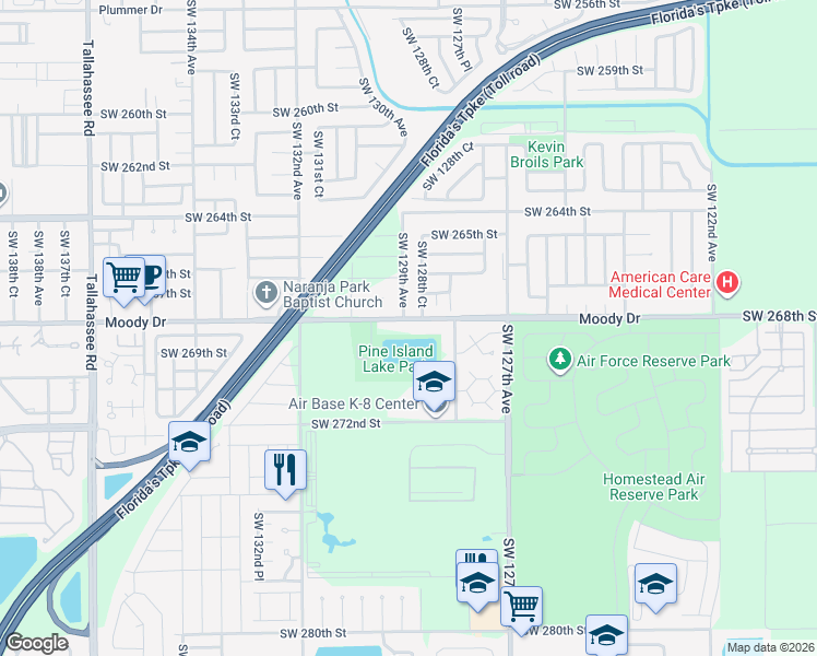 map of restaurants, bars, coffee shops, grocery stores, and more near 12860 Southwest 268th Street in Homestead