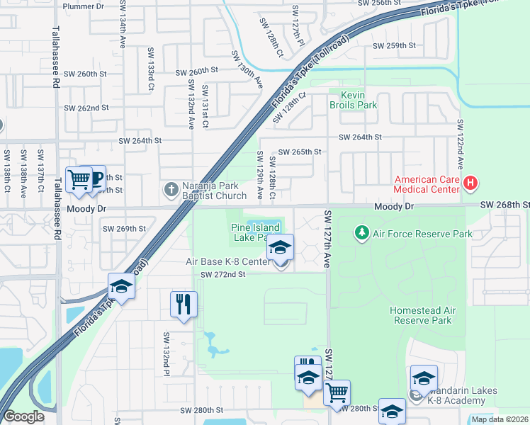 map of restaurants, bars, coffee shops, grocery stores, and more near 12860 Southwest 268th Street in Homestead