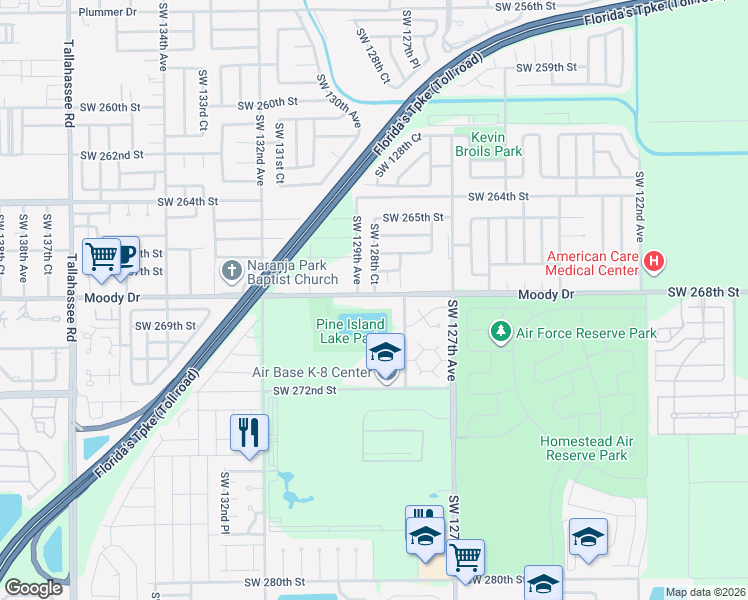 map of restaurants, bars, coffee shops, grocery stores, and more near 12860 Southwest 268th Street in Homestead