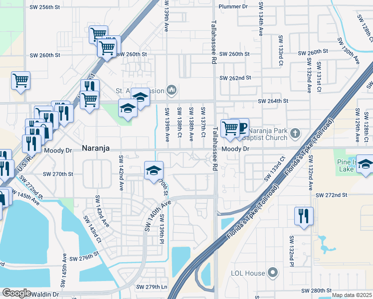 map of restaurants, bars, coffee shops, grocery stores, and more near 13820 Southwest 268th Street in Homestead