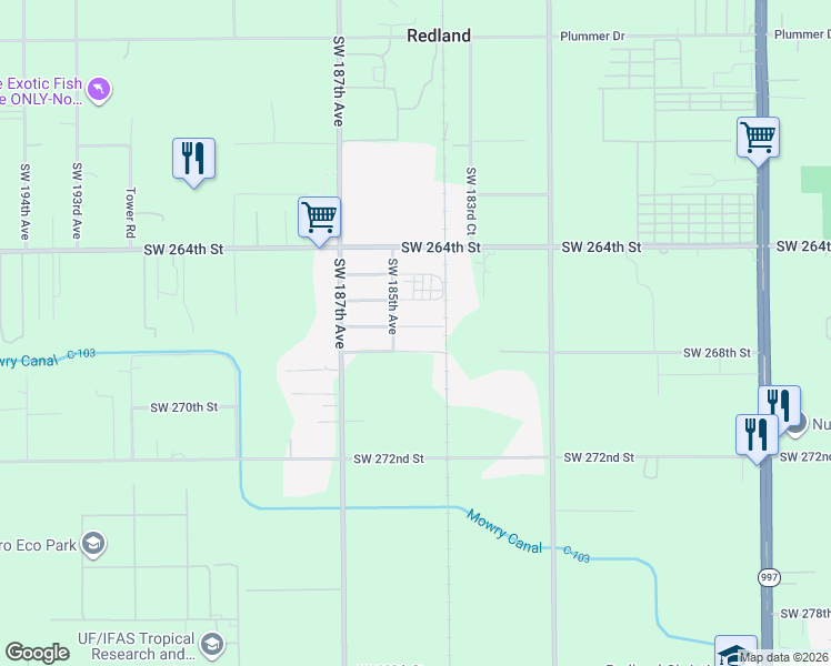 map of restaurants, bars, coffee shops, grocery stores, and more near 18440 Southwest 267th Street in Homestead