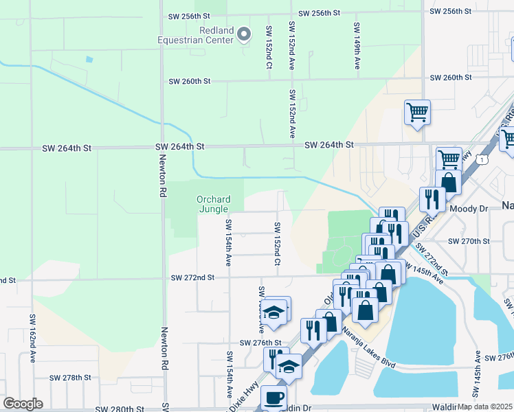 map of restaurants, bars, coffee shops, grocery stores, and more near 15295 Southwest 268th Street in Homestead