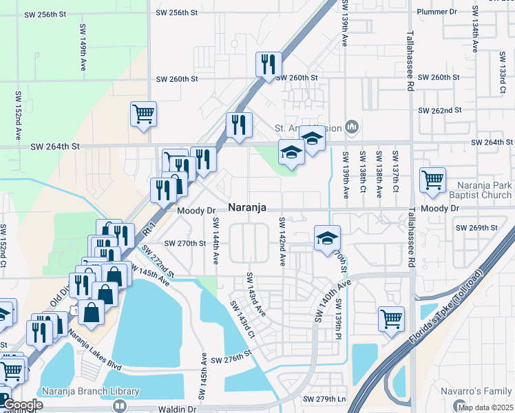 map of restaurants, bars, coffee shops, grocery stores, and more near 26760 Southwest 142nd Avenue in Homestead