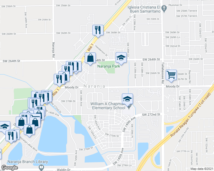 map of restaurants, bars, coffee shops, grocery stores, and more near 26790 Southwest 142nd Avenue in Naranja