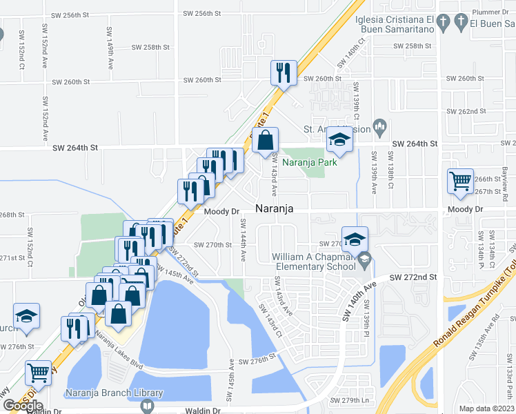 map of restaurants, bars, coffee shops, grocery stores, and more near Southwest 144th Avenue in Homestead