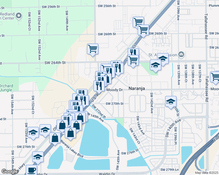 map of restaurants, bars, coffee shops, grocery stores, and more near 14501 Southwest 268th Street in Naranja