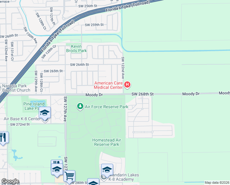 map of restaurants, bars, coffee shops, grocery stores, and more near 12251 Southwest 268th Street in Homestead