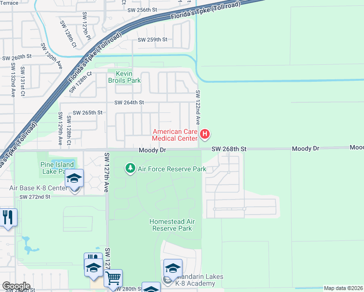 map of restaurants, bars, coffee shops, grocery stores, and more near 12251 Southwest 268th Street in Homestead