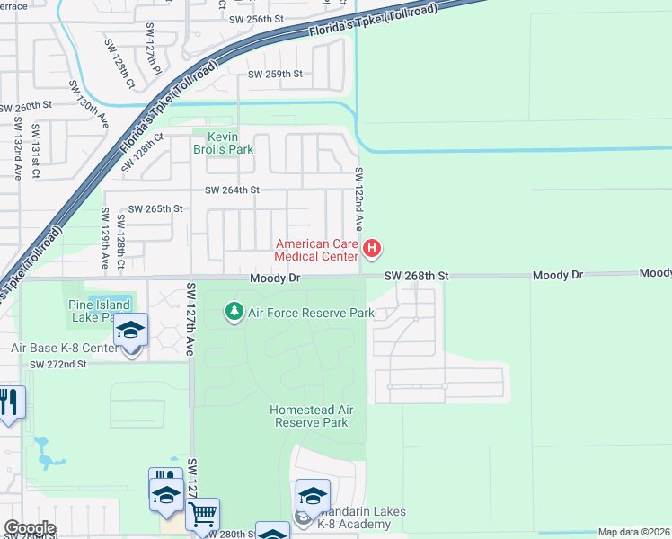map of restaurants, bars, coffee shops, grocery stores, and more near 12251 Southwest 268th Street in Homestead