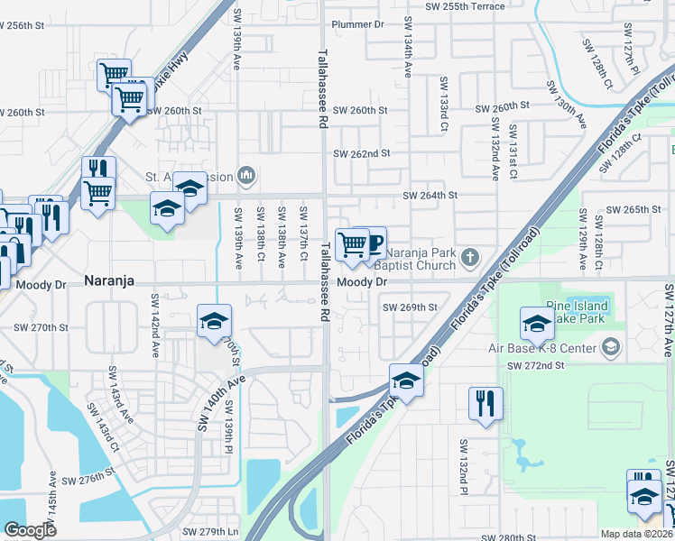 map of restaurants, bars, coffee shops, grocery stores, and more near 13840 Southwest 268th Street in Homestead