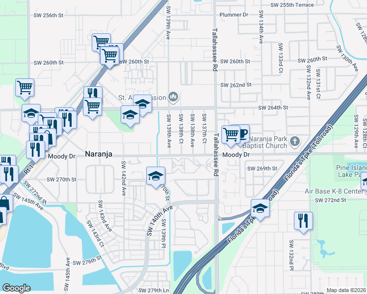 map of restaurants, bars, coffee shops, grocery stores, and more near 13820 Southwest 268th Street in Homestead