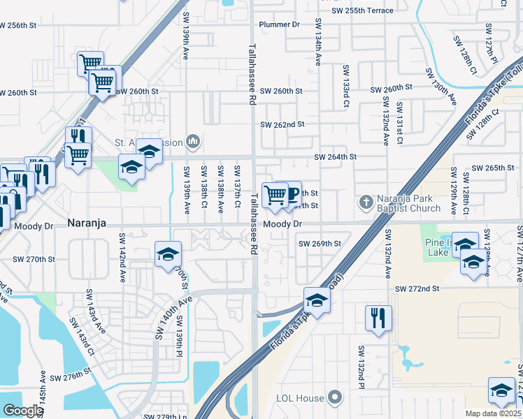 map of restaurants, bars, coffee shops, grocery stores, and more near 26615 Southwest 137th Avenue in Homestead