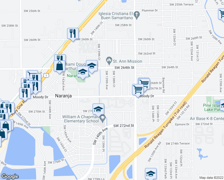 map of restaurants, bars, coffee shops, grocery stores, and more near 26615 Southwest 139th Avenue in Homestead