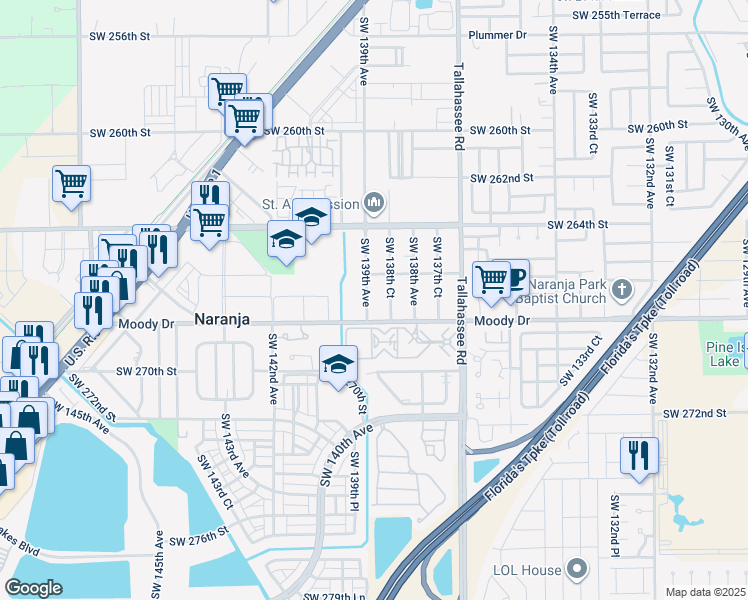 map of restaurants, bars, coffee shops, grocery stores, and more near 26615 Southwest 139th Avenue in Homestead