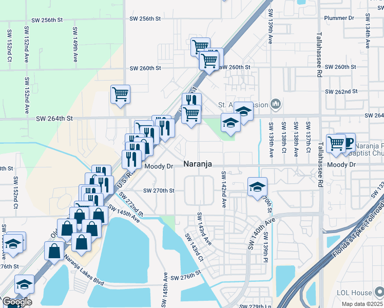 map of restaurants, bars, coffee shops, grocery stores, and more near 14351 Southwest 266th Street in Naranja
