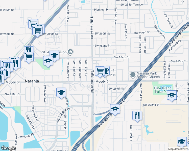 map of restaurants, bars, coffee shops, grocery stores, and more near 26615 Southwest 137th Avenue in Homestead
