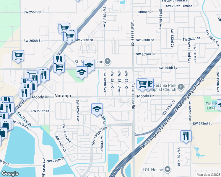 map of restaurants, bars, coffee shops, grocery stores, and more near 26615 Southwest 139th Avenue in Homestead