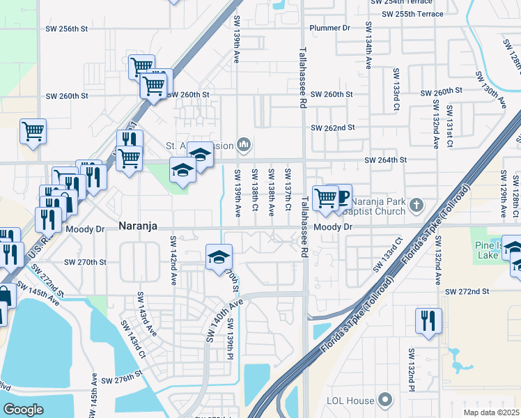 map of restaurants, bars, coffee shops, grocery stores, and more near 26610 Southwest 138th Avenue in Homestead