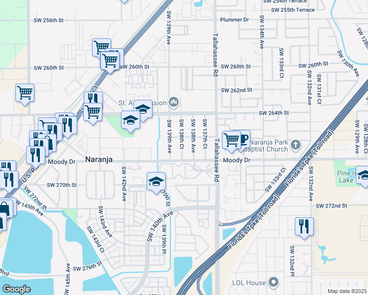 map of restaurants, bars, coffee shops, grocery stores, and more near 26610 Southwest 138th Avenue in Homestead