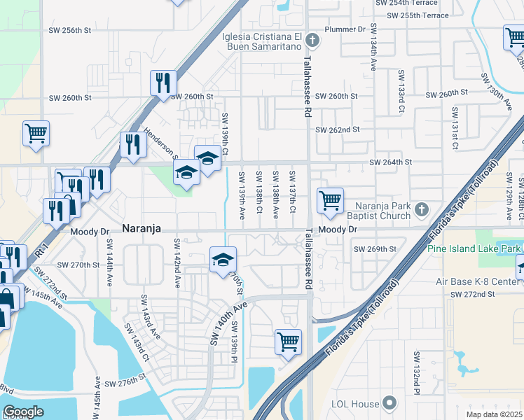 map of restaurants, bars, coffee shops, grocery stores, and more near 26631 Southwest 138th Court in Naranja
