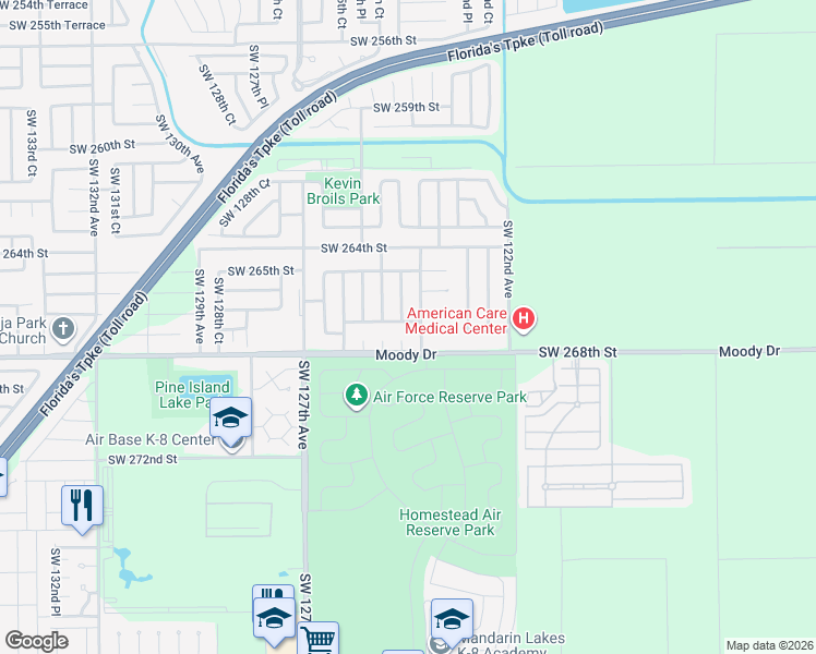 map of restaurants, bars, coffee shops, grocery stores, and more near 26680 Southwest 124th Avenue in Homestead