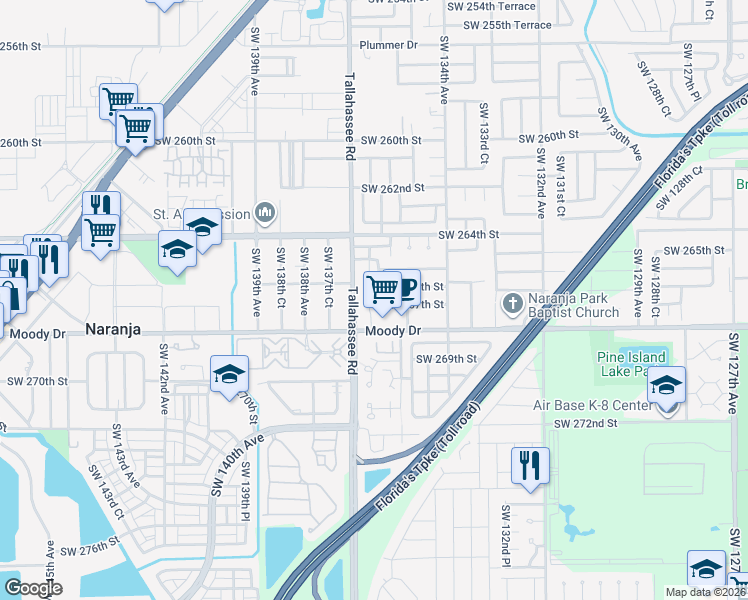 map of restaurants, bars, coffee shops, grocery stores, and more near 26615 Southwest 137th Avenue in Homestead