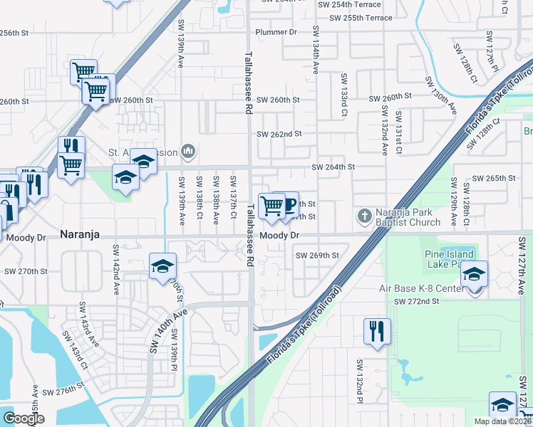 map of restaurants, bars, coffee shops, grocery stores, and more near 26615 Southwest 137th Avenue in Homestead