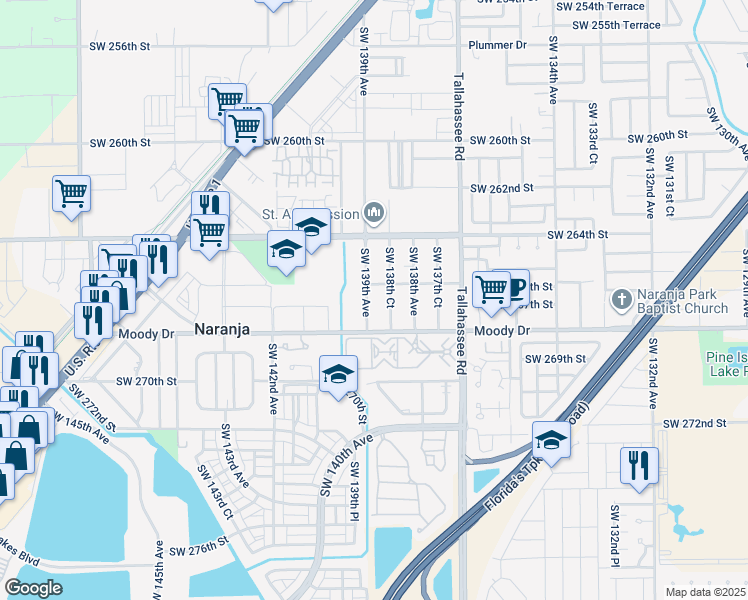 map of restaurants, bars, coffee shops, grocery stores, and more near 26615 Southwest 139th Avenue in Homestead