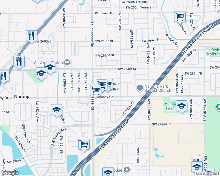 map of restaurants, bars, coffee shops, grocery stores, and more near 13500 Southwest 266th Street in Naranja