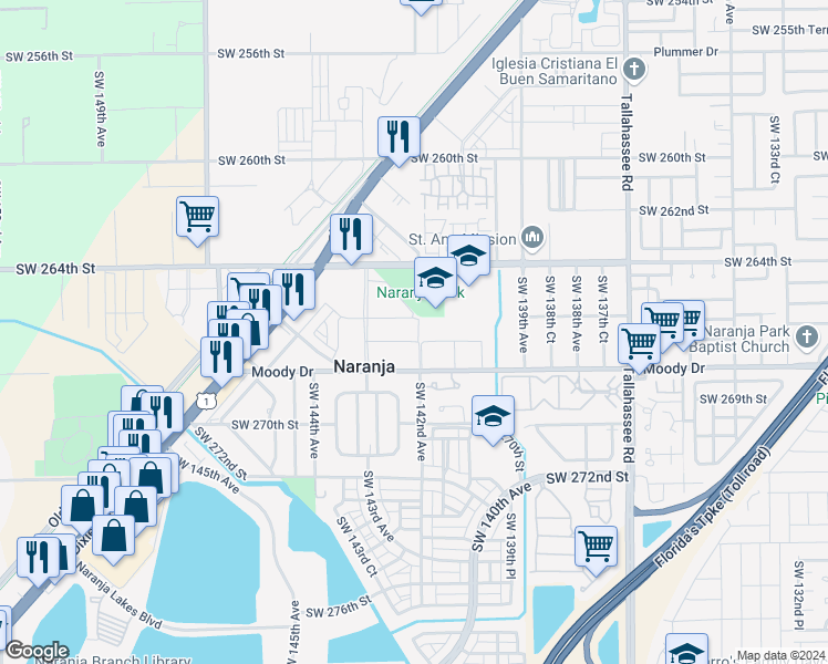map of restaurants, bars, coffee shops, grocery stores, and more near 14201 Southwest 267th Street in Princeton