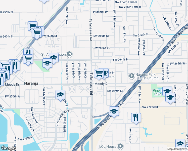 map of restaurants, bars, coffee shops, grocery stores, and more near 26615 Southwest 137th Avenue in Homestead