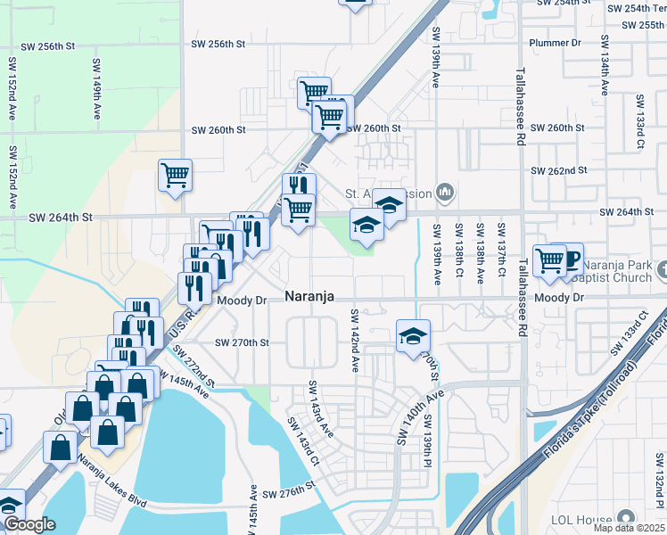 map of restaurants, bars, coffee shops, grocery stores, and more near 14201 Southwest 267th Street in Princeton