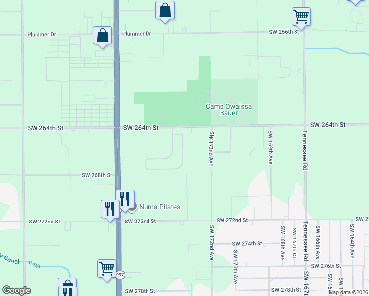 map of restaurants, bars, coffee shops, grocery stores, and more near 26515 Southwest 173rd Place in Homestead