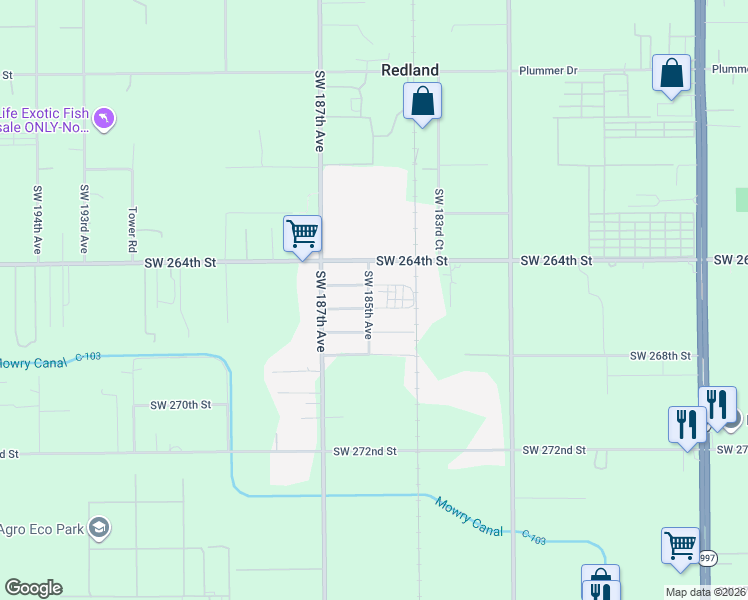map of restaurants, bars, coffee shops, grocery stores, and more near 26575 Southwest 185th Avenue in Homestead