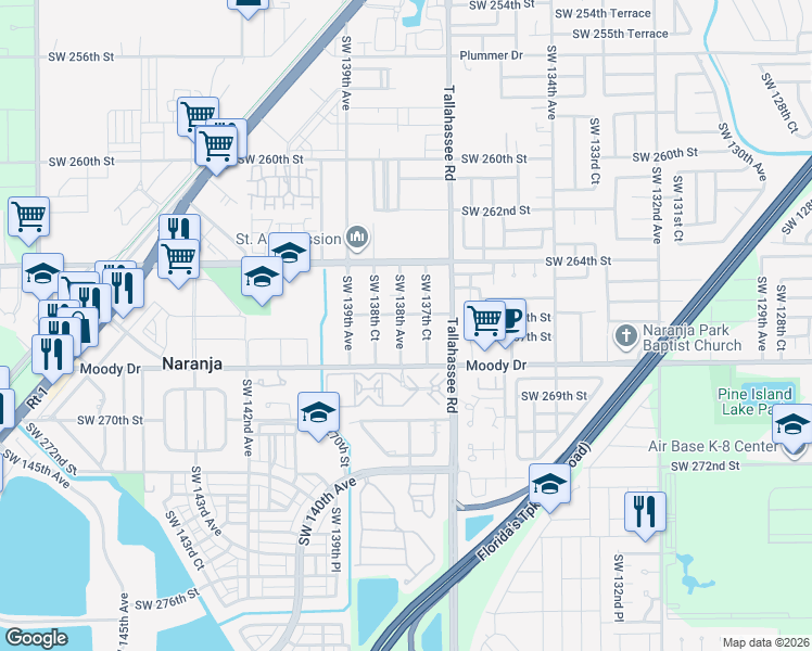 map of restaurants, bars, coffee shops, grocery stores, and more near 26610 Southwest 138th Avenue in Homestead