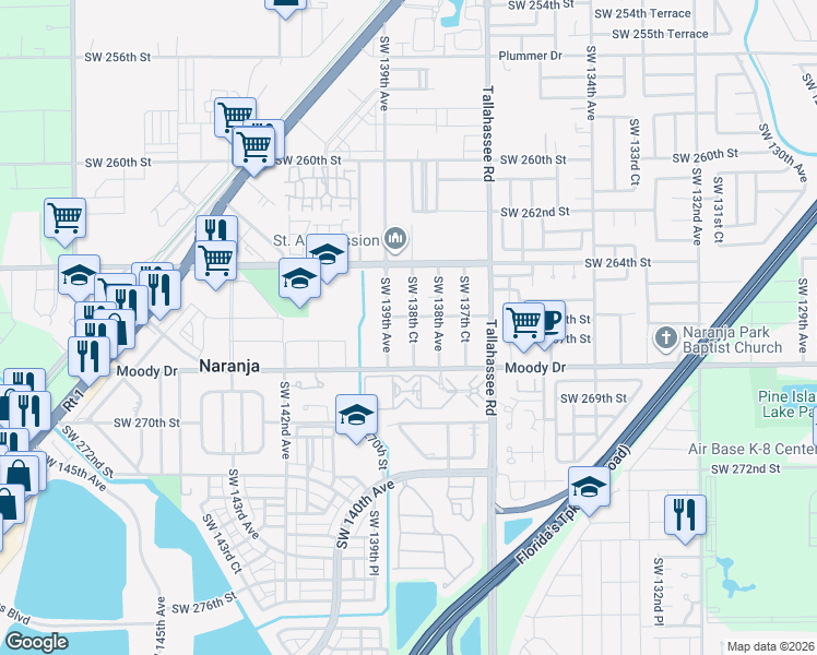 map of restaurants, bars, coffee shops, grocery stores, and more near 26610 Southwest 138th Court in Homestead