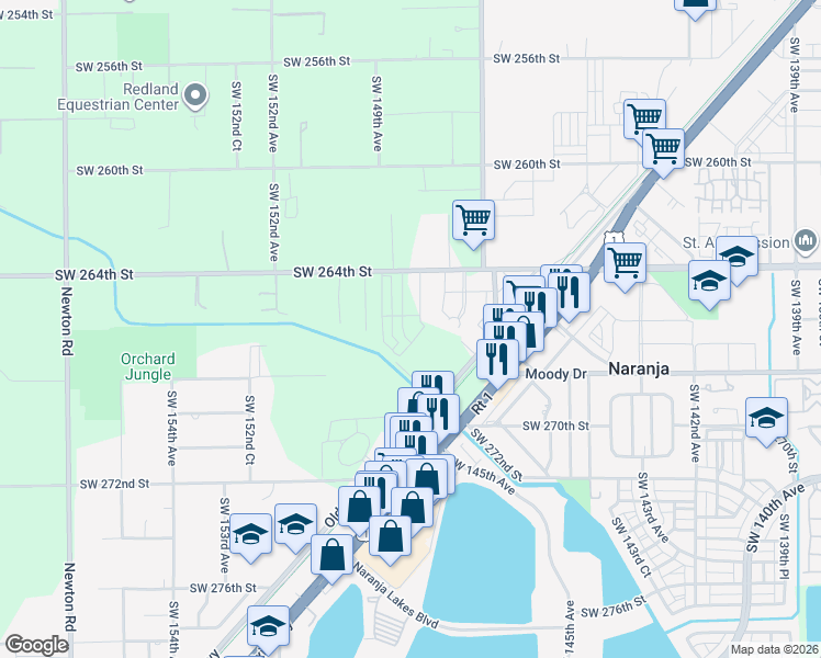 map of restaurants, bars, coffee shops, grocery stores, and more near 26601 Southwest 149th Court in Homestead