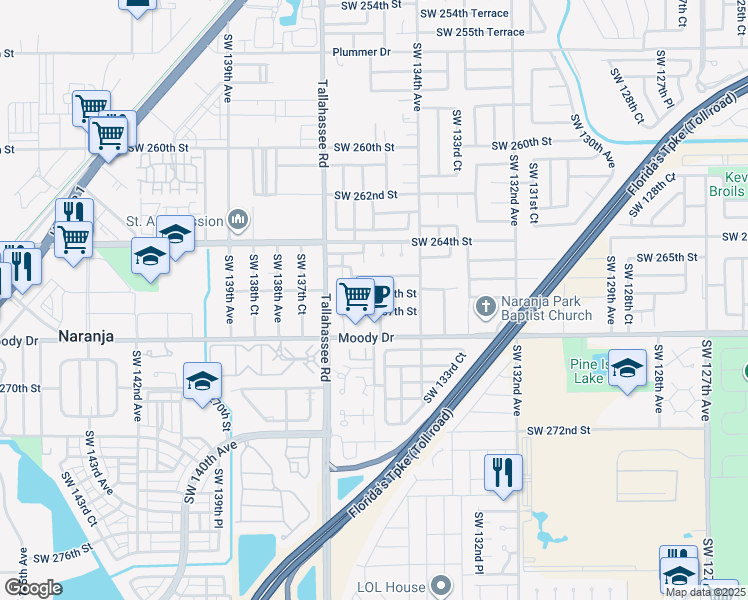map of restaurants, bars, coffee shops, grocery stores, and more near 13500 Southwest 266th Street in Naranja