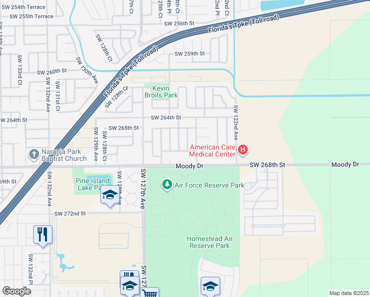 map of restaurants, bars, coffee shops, grocery stores, and more near 26680 Southwest 124th Avenue in Homestead