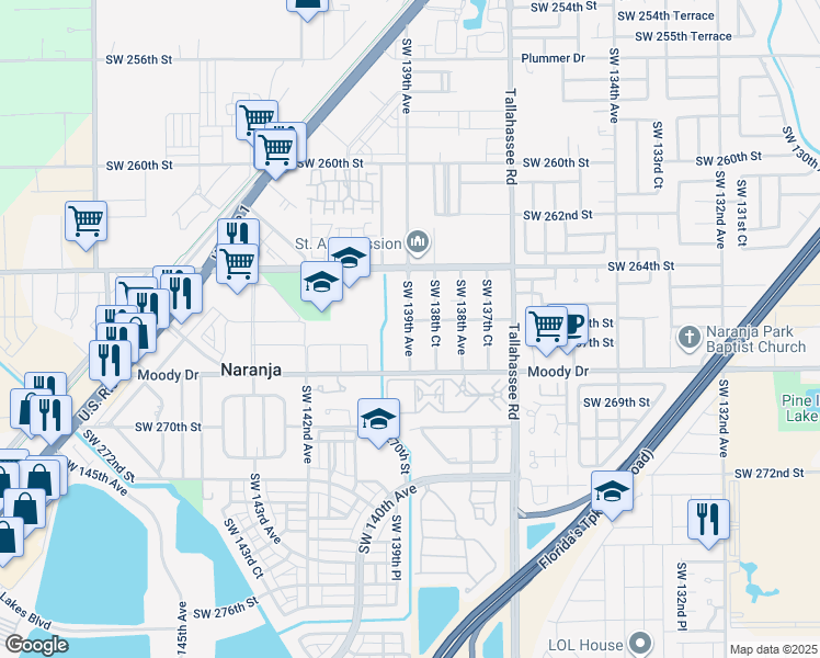 map of restaurants, bars, coffee shops, grocery stores, and more near 26615 Southwest 139th Avenue in Homestead
