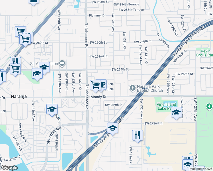 map of restaurants, bars, coffee shops, grocery stores, and more near 13440 Southwest 266th Street in Homestead