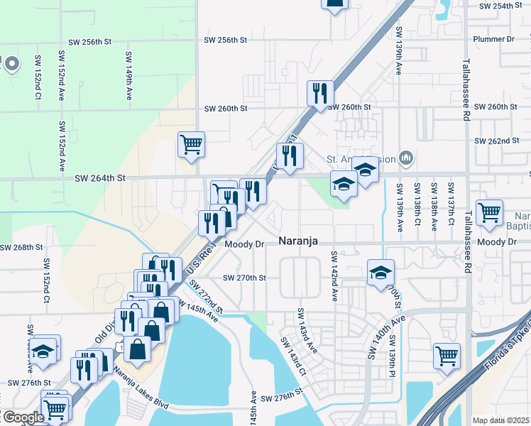 map of restaurants, bars, coffee shops, grocery stores, and more near 14351 Southwest 266th Street in Naranja