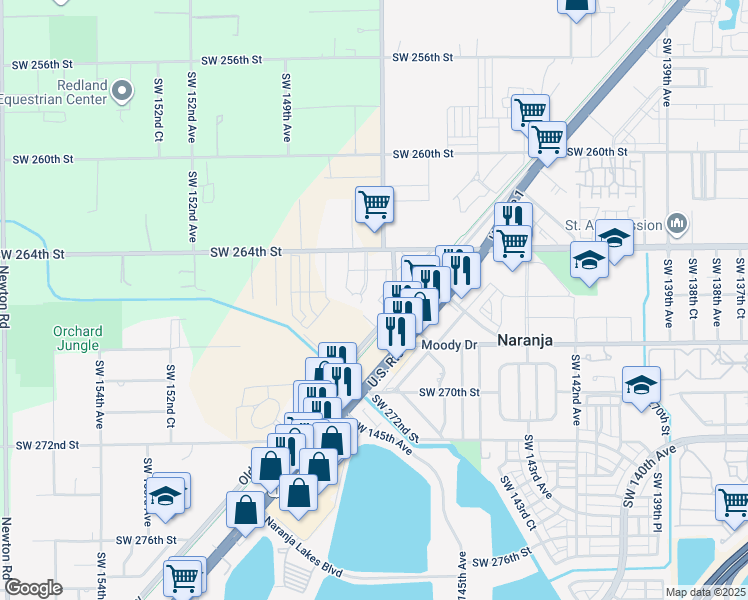 map of restaurants, bars, coffee shops, grocery stores, and more near 14750 Southwest 264th Street in Princeton