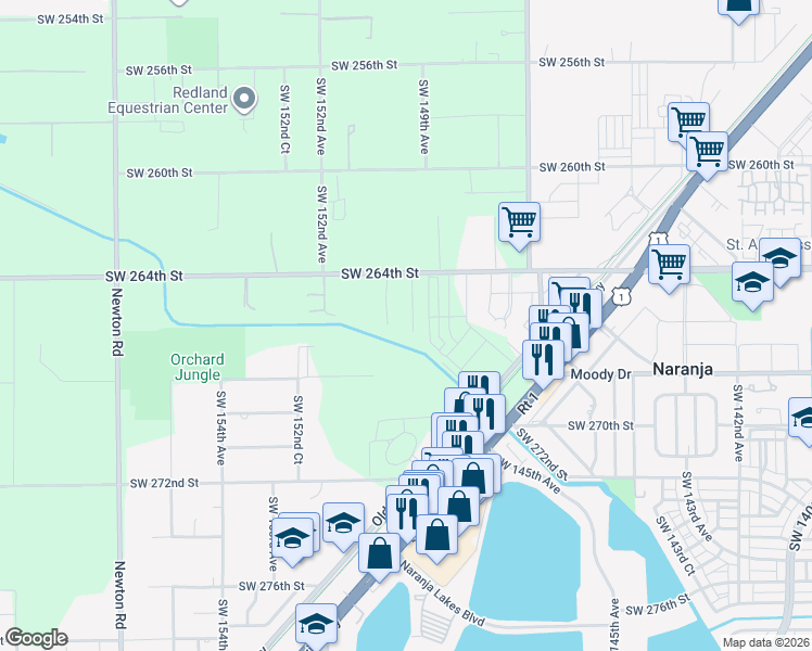 map of restaurants, bars, coffee shops, grocery stores, and more near 26523 Southwest 149th Place in Homestead
