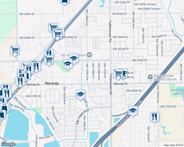 map of restaurants, bars, coffee shops, grocery stores, and more near 26615 Southwest 139th Avenue in Homestead