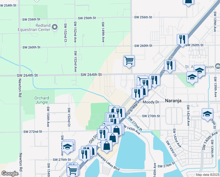 map of restaurants, bars, coffee shops, grocery stores, and more near 26601 Southwest 149th Court in Homestead