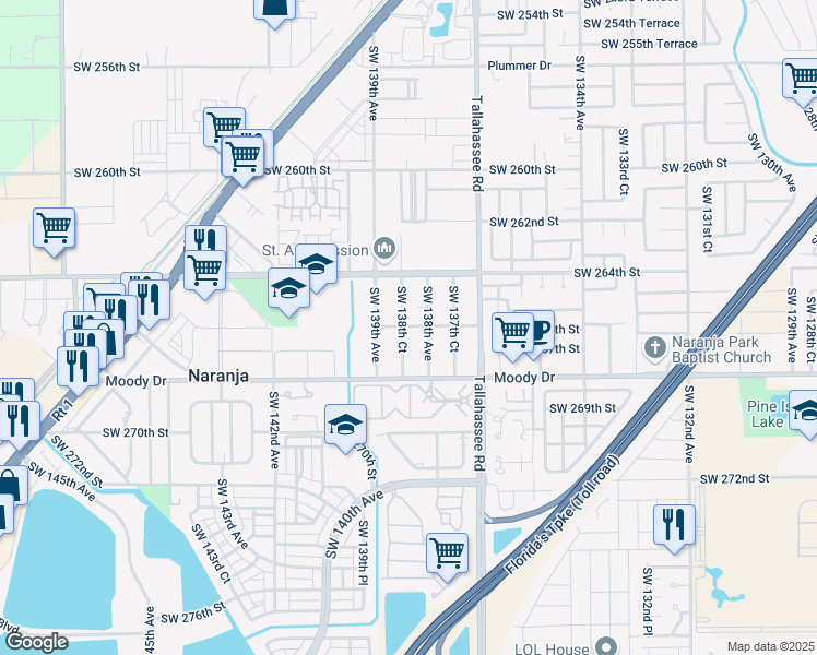 map of restaurants, bars, coffee shops, grocery stores, and more near 13842 Southwest 266th Street in Naranja